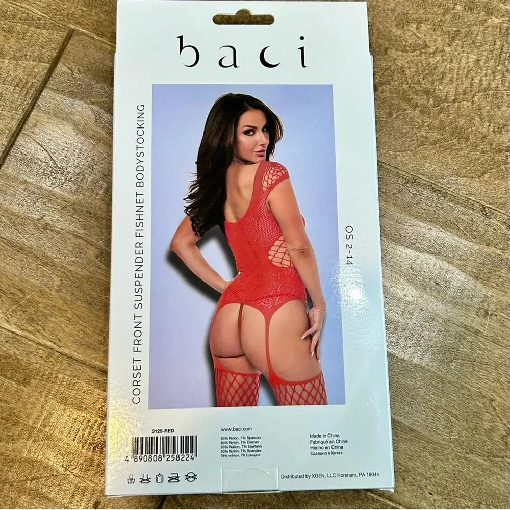 Baci Women’s Corset Front Suspender Fishnet Bodystocking Lingerie Red New